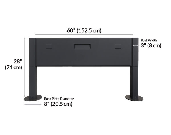 power beam 60 is 60 inches wide, 28 inches tall, and 3 inches deep, with a base plate diameter of 8 inches.