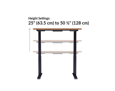 The base of the Electric Standing Desk with ComfortEdge™ 48x30 walnut goes from 25 inches to 50.5 inches tall
