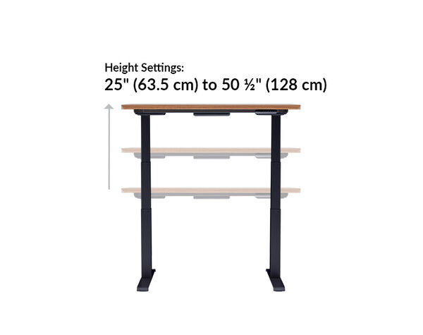 The base of the Electric Standing Desk with ComfortEdge™  48x30 walnut goes from 25 inches to 50.5 inches tall