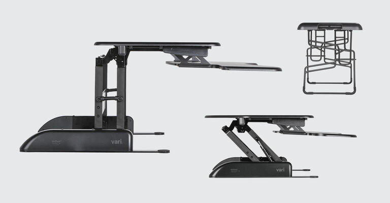 Side views of variety of black standing desk solutions