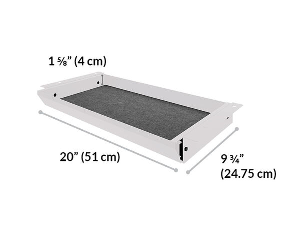 vari desk drawer is 20 and three quarter inches wide, 1 and three quarter inches tall and 9 inches deep