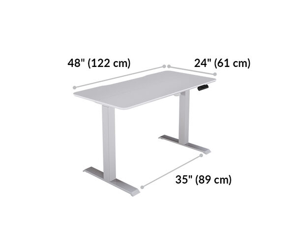 Essential electric standing desk split top in white 48x24 is 48 inches wide and 24 inches deep. Space between legs is 35 inches wide.