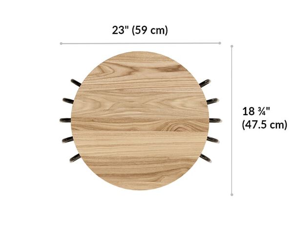round coffee table is 23 inches wide and 18 and 3 quarter inches long