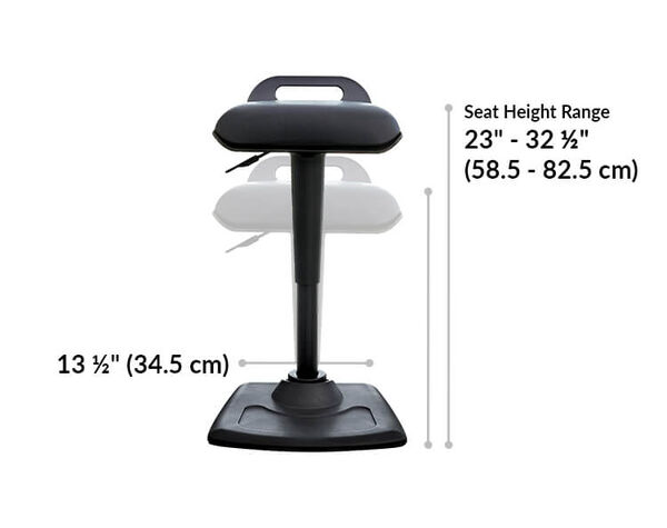 vari active seat height range is 25 and a half inches to 32 and a half inches. The rear of the base is 13 and a half inches wide