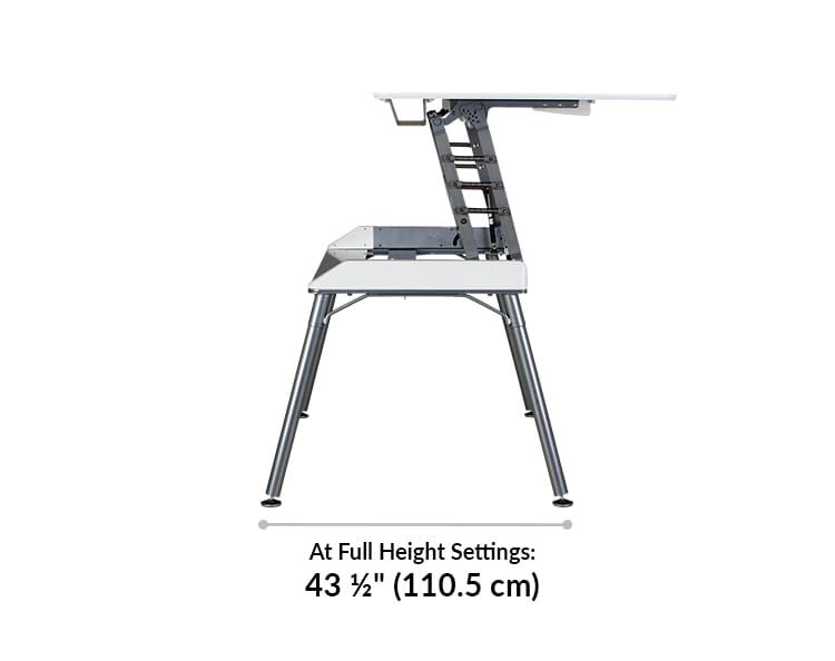 At full height setting, the top of the desk comes towards the user, and takes up a total of 43 and a half inches in depth from front of desk to back of base.