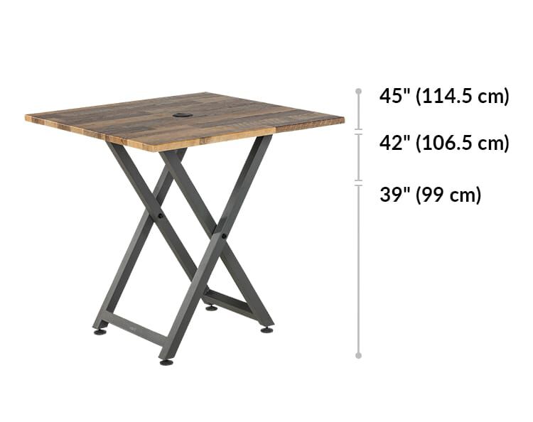 standing meeting table has three different height adjustments from 39 to 45 inches tall