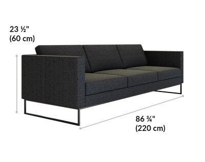 three seat sofa is 23 and a half inches tall and 86 and 3 quarter inches wide