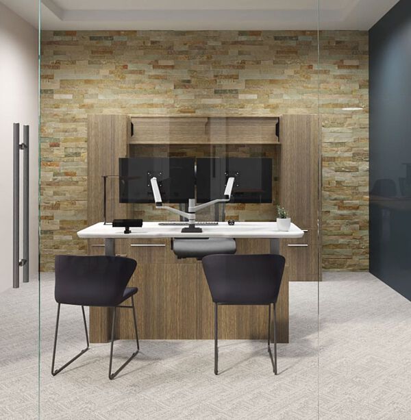 private office with an executive setup and two chairs in front of the standing desk