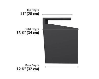 vari hanging desk cubby has a top depth of 11 inches, a base depth of 13 and 3 quarter inches, and a total depth of 13 and a half inches