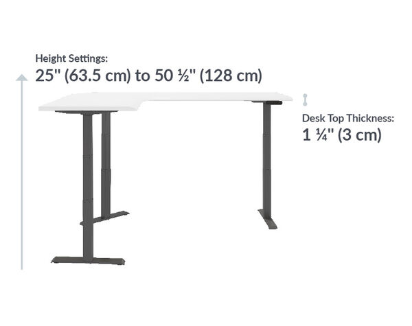 The L-Shape Electric Standing Desk White is 25 inches to 50 and a half inches tall