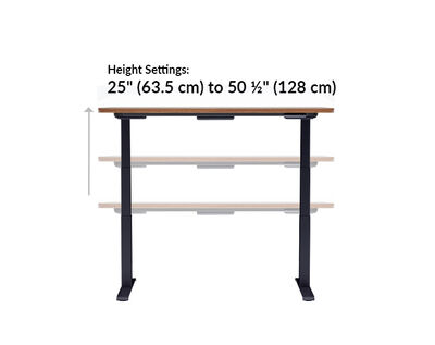The base of the Electric Standing Desk with ComfortEdge™ 60x30 walnut goes from 25 inches to 50.5 inches tall