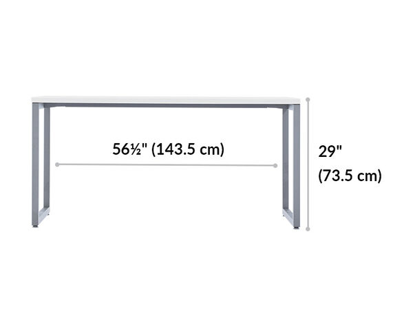 white table 56.5 inches wide from the inside of the table legs and 29 inches tall from ground to table top