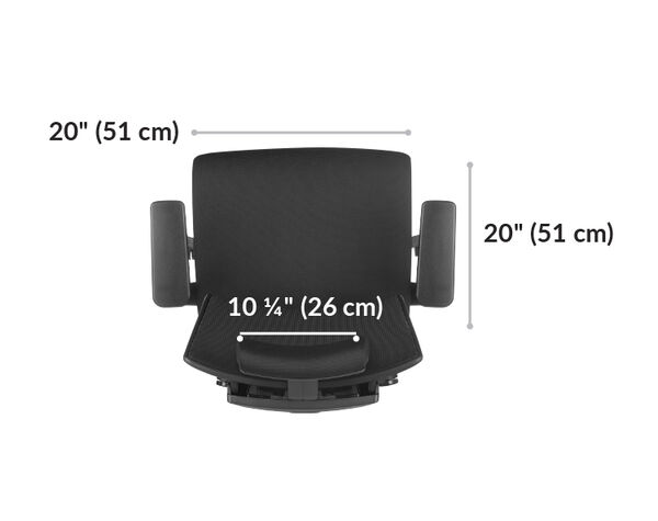 vari task chair with headrest seat is 20 inches wide and 20 inches long