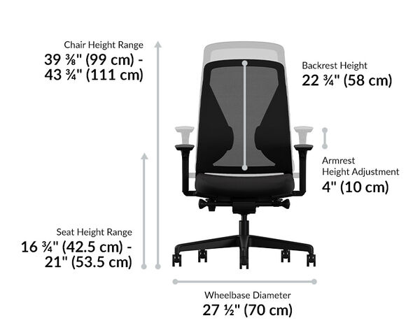 Front view of an ergonomic office chair with labeled dimensions: chair height range 39⅜″–43¾″ (99–111 cm), seat height 16¾″–21″ (42.5–53.5 cm), backrest height 22¾″ (58 cm), armrest adjustment 4″ (10 cm), and wheelbase 27½″ (70 cm).