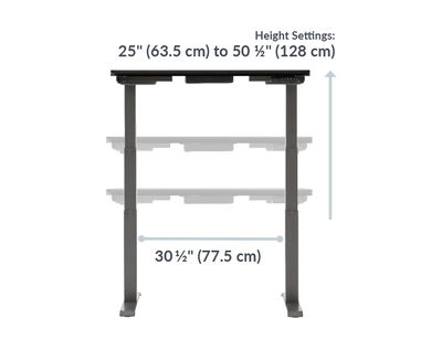 A front view of the black electric standing desk showing adjustable height settings from 25 inches (63.5 cm) to 50.5 inches (128 cm) and a base width of 30.5 inches (77.5 cm).