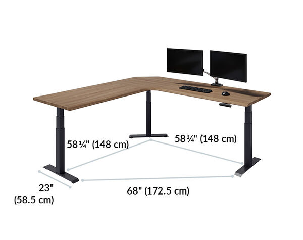L-Shape Electric Standing Desk walnut with black legs is 80 inches wide and 80 inches deep