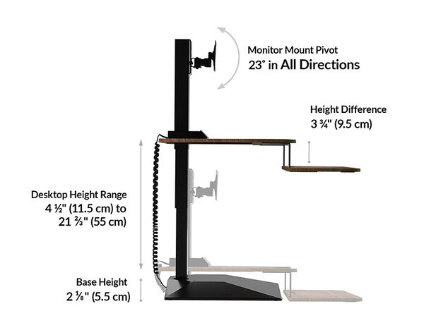 Desktop height range of the premier single monitor converter ranges from 4 and a half inches tall to 21 and two thirds tall