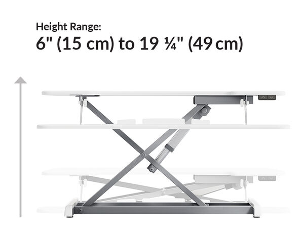 White desk converter diagram showing four height positions illustrating a height range of six to nineteen and one-quarter inches.