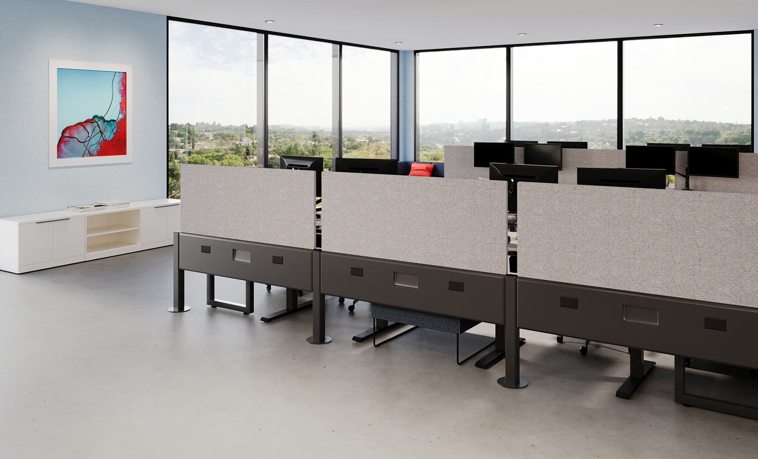 beam privacy panels installed on beams in an office setting