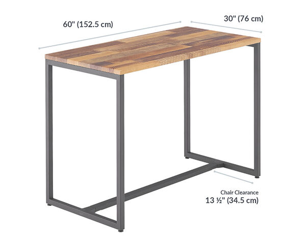 Standing Work Table is 60 inches wide and 30 inches deep. Standing Work Table feet are 56 and a half inches apart.