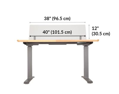 vari acrylic modesty panel is 38 to 40 inches wide and sits 12 inches above desktop when mounted