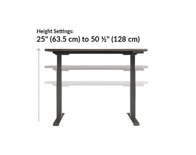 The Ergo Electric Standing Desk 54x26 height ranges from 25 inches to 50.5 inches