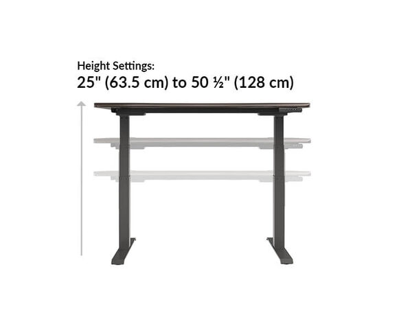 The Ergo Electric Standing Desk 54x26 height ranges from 25 inches to 50.5 inches 