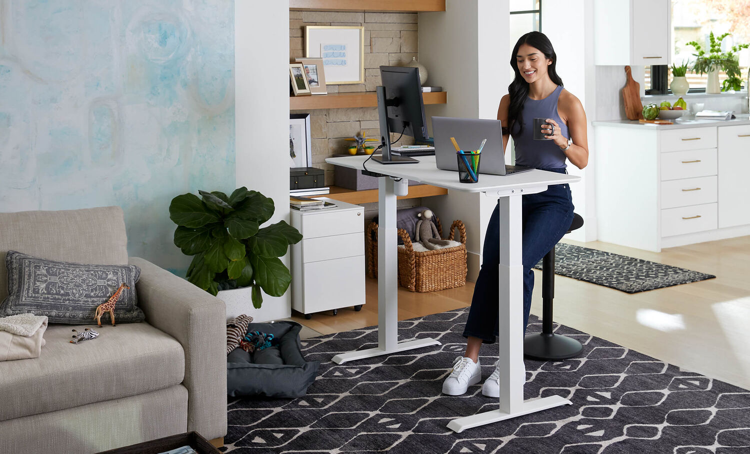 professional working in home office perched on essential active stool
