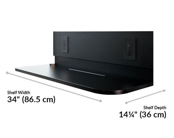 Privacy booth shelf wide is 34 inches wide and 14 and a quarter inches deep