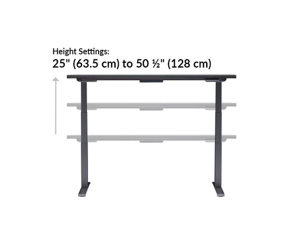 The height settings of the Electric Standing Desk 72x30 Black range from 25 inches to 50.5 inches tall