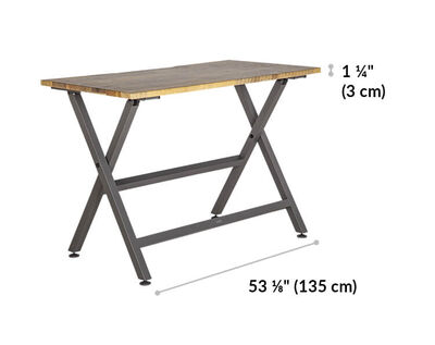 Standing Work Table feet are 53 and an eighth inches apart. Tabletop thickness is 1 and a quarter inches.