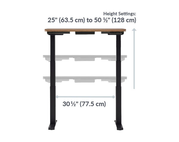 electric standing desk with walnut top and black legs has a height range of twenty five inches to fifty five and a half inches tall
