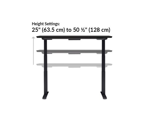 Vari electric standing desk height settings range from 25 to 50 and a half inches