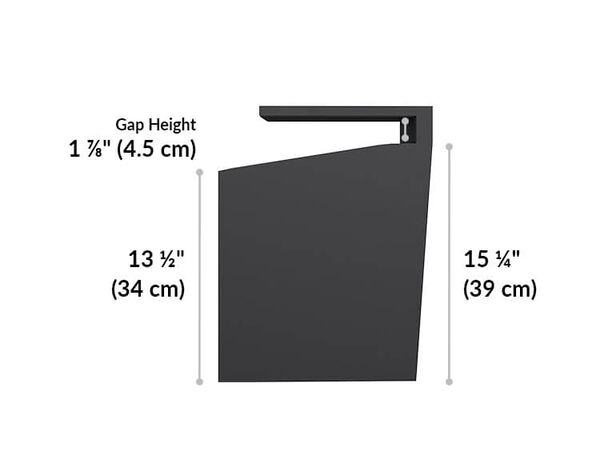 vari hanging desk cubby storage space height ranges from 13 and a half inches to 15 and a quarter inches. Gap height is 1 and 7 eighth inches tall