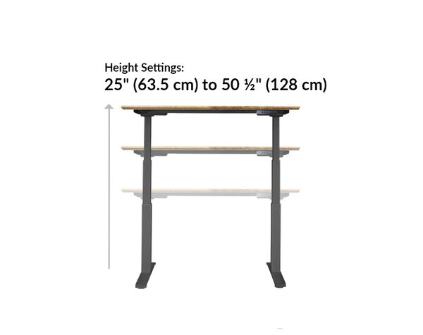 The base of the Electric Standing Desk 48x30 Black goes from 25.5 inches to 50.5 inches tall