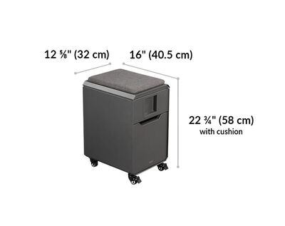 vari locker seat width 12 and 5 eighth inches. length 16 inches. height with cushion 22 and 3 quarter inches