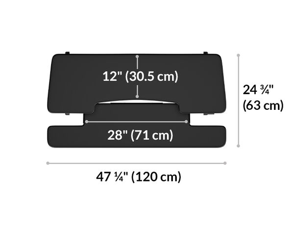 Desk converter top-view diagram showing work surface width forty-seven and one-quarter inches, depth twenty-four and three-quarters inches, keyboard tray width twenty-eight inches, and cutout width twelve inches.
