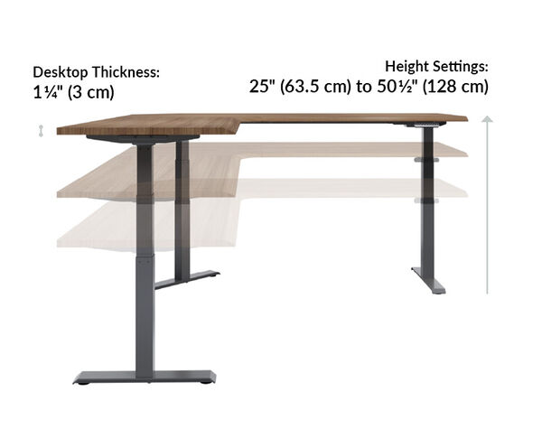 The L-Shape Electric Standing Desk walnut is 25 to 50 and a half inches high