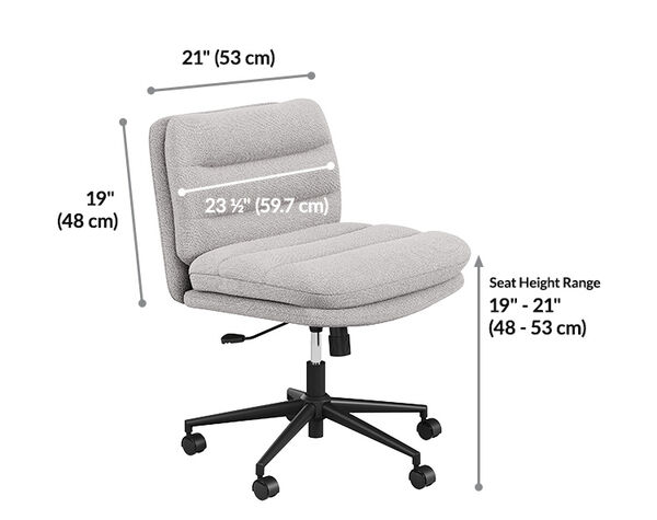 Product dimension diagram of the light gray boucle armless office chair shown at an angle: twenty-one inches wide, nineteen inches deep, twenty-three and a half inches across the backrest, and a seat height range of nineteen to twenty-one inches.