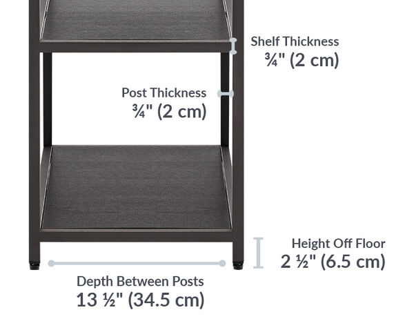 vari 5-tier shelf post thickness is three quarters of an inch and the shelf is also three quarters of an inch