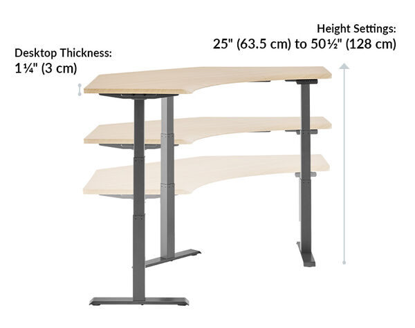 the command center desk has a desktop thickness of 1.25 inches and is height adjustable from 25 inches to 50 and a half inchesalf inches tall
