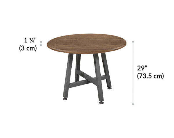 standing round table in walnut finish is one and a quarter inches deep and total height is twenty nine inches tall