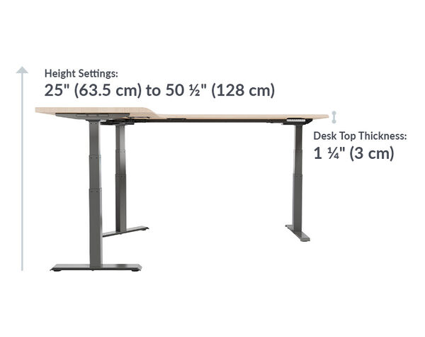 The L-Shape Electric Standing Desk Light Wood is 25 to 50 and a half inches high