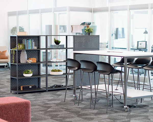 the five tier open shelf with the five tier shelf back panel splitting an open space