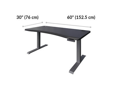 Curve Electric Standing Desk 60x30curve is 40 inches wide. Top of the curve to the back of the desk is 27 inches. Cable grommet is 3 inches wide