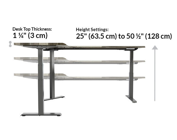 maximum height of the l shape eighty by sixty electric standing desk is fifty and a half inches