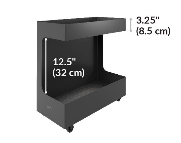 the inside of the mobile cubby is 12 and a half inches tall and the top shelf is 3 and a quarter inches tall