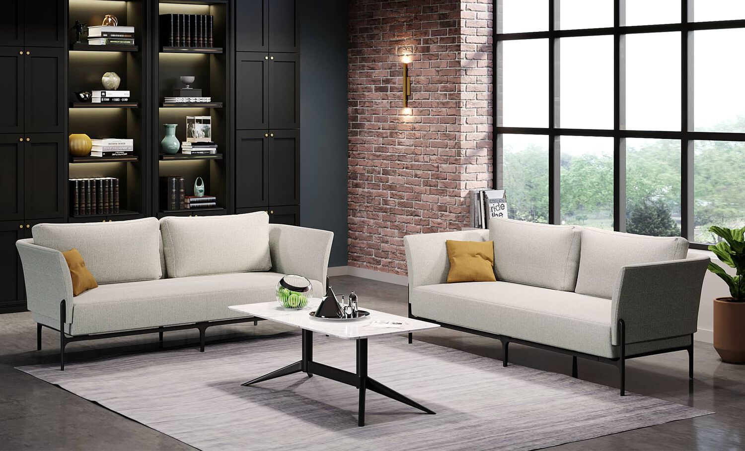 silvery grey contemporary three seat sofa in office setting