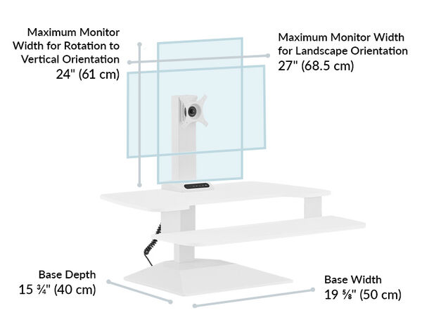 The maximum monitor width for rotation to vertical orientation is 24 inches and the base depth is 15 and three quarters deep and 19 and five eights wide