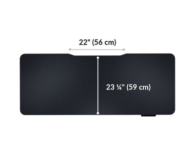 Vari electric standing desk monitor mounting space is 26 and 3 quarter inches wide. Tabletop from mounting space is 29 and a quarter inches long.
